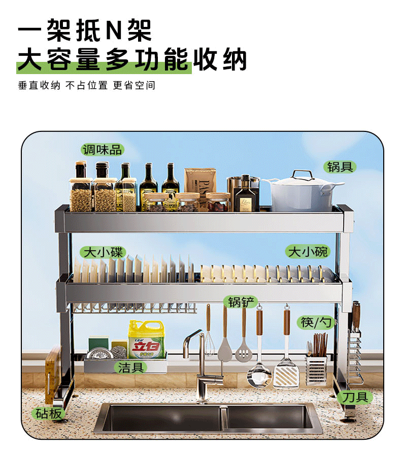Раковина полка 304不锈钢厨房水槽置物架洗碗架放碗盘碟收纳架水池多功能沥水架