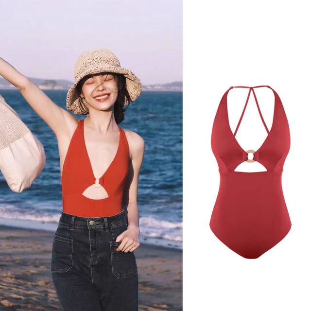 Retro Red High-End Sexy One-Piece Bikini for Small Busts, Tummy-Concealing, Slimming, Hot Spring Vacation Swimsuit for Girls