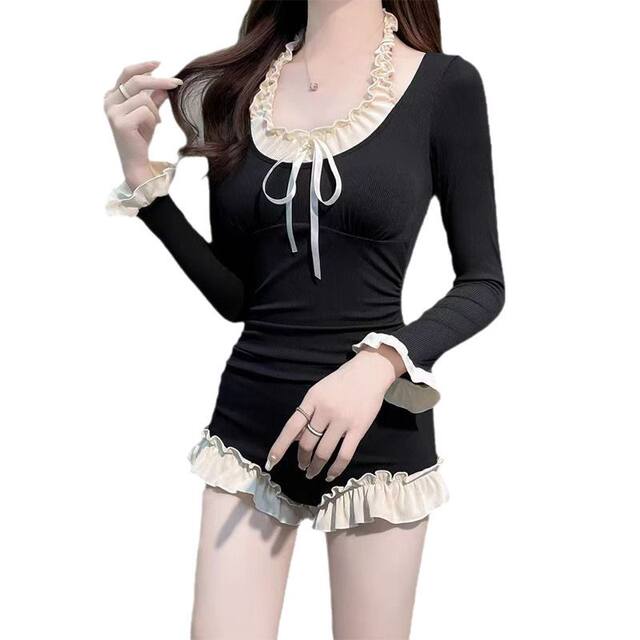 Women's Conservative Long-Sleeved Sun-Protective One-Piece Swimsuit with Boyshorts, Tummy-Covering, Slimming, Sexy Backless, Vintage Hot Spring Special