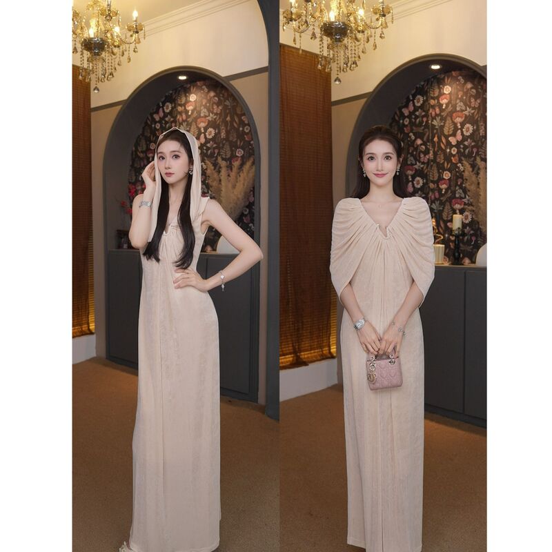 【Cloud Shoulder Evening Gown】2026 Summer French-Style Pleated Cape Shawl Irregular V-Neck Elegant Dress 【Cloud Shoulder Evening Gown】2026 Summer French-Style Pleated Cape Shawl Irregular V-Neck Elegant Dress
