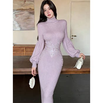 Mijie Autumn and Winter New Chinese Style Taro Purple Batwing Sleeve Knitted Dress for Women, Slim Fit with Rhinestone Embroidery, Long Dress with a High-End Feel