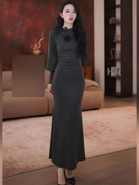 Mijie's New Autumn and Winter Minimalist Style Dark Gray Long-Sleeve Dress for Women, Elegant and Slimming, Waist-Cinching, Fitted Mermaid Long Dress