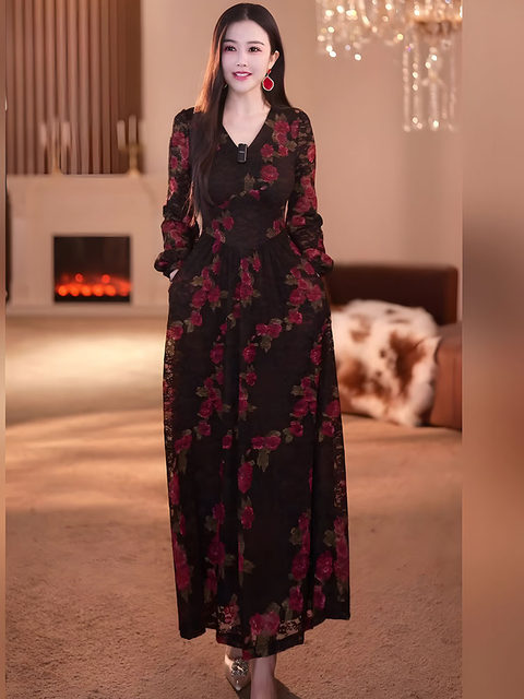 Yijie Retro Black Velvet Rose Print Dress for Women, Mid-Length High-End Lace Waist-Cinching Slimming Little Black Dress