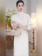 Mijie 2026 Spring Mature and Elegant Style High-Neck Long-Sleeve Dress for Women, White Waist-Cinching Tie Slimming Long Dress