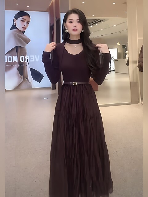 Mijie 2025 new winter style light luxury style long-sleeved dress women's waist slimming elegant high-end long dress for ladies