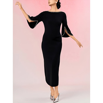 Mijie French-Style Black V-Neck Dress, Elegant and Graceful, with Shawl, Mid-Sleeve Little Black Dress, Slim-Fit Formal Long Dress, Two-Way Wear