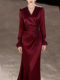 Mijie light luxury and elegant style V-neck long-sleeved dress for women burgundy waist slim-fitting slit fishtail skirt temperament