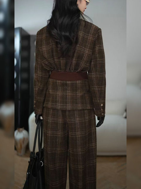 Mijie New Old Money Style Patterned Wool Collar Suit Women's Autumn and Winter Waist Deconstructed Woolen Jacket Wide Leg Pants