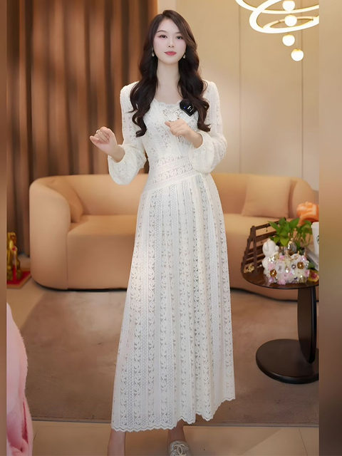 Mijiefa Autumn and Winter New Style Romantic White Lace Dress Women's Long-Sleeved Elegant Temperament Slimming Long Dress