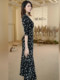 Mijie 2025 Autumn New Fashionable Black V-Neck Printed Slit Dress for Women, Elegant and Slimming Long Dress