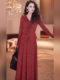 Yijie's Gentle and Elegant V-Neck Ruffled Orange-Red Lace Dress for Women, Slimming, Classy, and Age-Reducing Long Dress