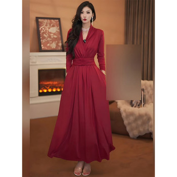 Mijie 2025 Autumn New French Fashion Retro Red V-Neck Long-Sleeve Dress for Women, Waist-Cinching, Slimming, Elegant Long Dress