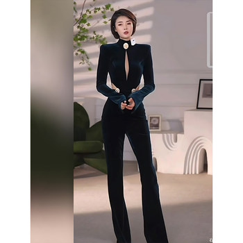 Mijie 2025 Winter Fashion Evening Style Jumpsuit for Women, Deep Blue V-Neck, Long Sleeves, High Waist, Slightly Flared, Elegant and Stylish
