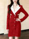 Elegant French-Style Red Blazer Dress for Women, with a Fitted Waist and Buttoned Design, Offering a High-End Feel and a Mid-Length Cut