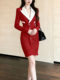 Elegant French-Style Red Blazer Dress for Women, with a Fitted Waist and Buttoned Design, Offering a High-End Feel and a Mid-Length Cut