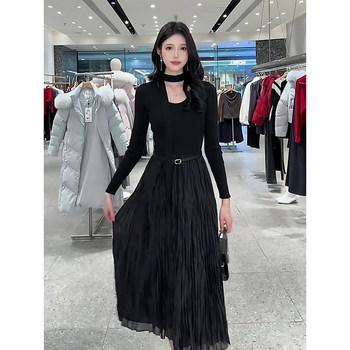 Mijie 2025 Winter New Elegant Black Dress for Women, Long-Sleeved, Waist-Cinching, Pleated Long Dress, Slimming and Stylish