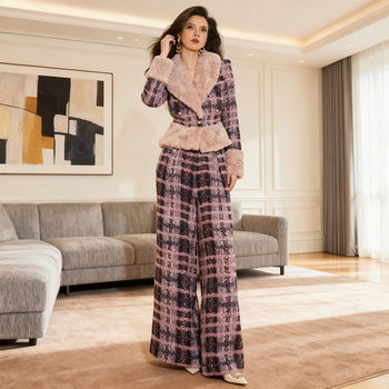 Yijie Chanel-Style Plush Lapel Plaid Suit for Women, Winter Retro Design, Mature and Simple Fashion Set
