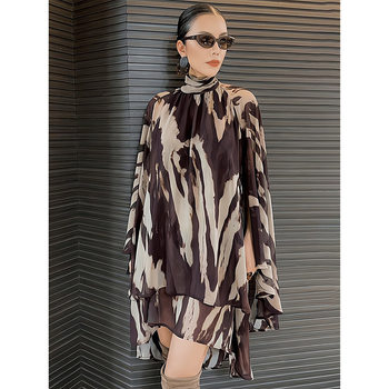 Mijie 2025 New Stylish Age-Reducing Coffee-Colored Fashion Dress for Women, Elegant and Beautiful, Long-Sleeved, Loose and Slimming Dress