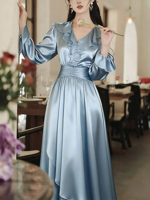 Mijie French Design Style V-Neck Ruffled Long-Sleeve Dress for Women, Waist-Cinching Long Dress, Gentle Fairy-Style Dress with an Elegant Vibe