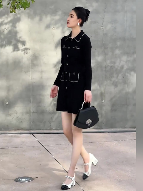 Mijie 2025 Autumn New Stylish Black Chanel-Style Knitted Dress for Women, Elegant and Slimming Mid-Length Dress