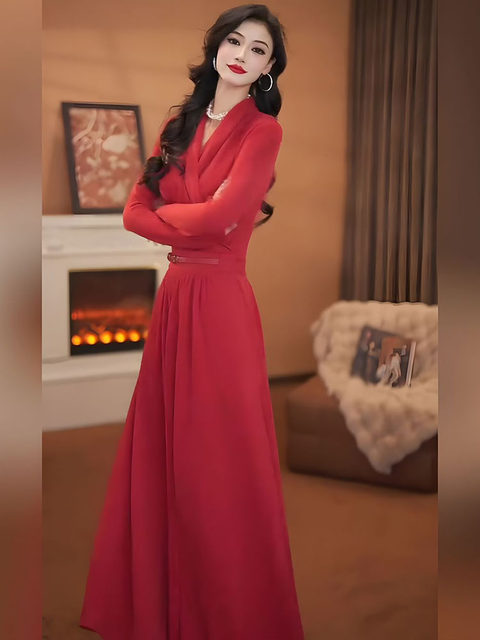 Mijie French-Style Elegant Red V-Neck Long-Sleeve Dress for Women, Waist-Cinching, Slimming, Mature Style A-Line Retro Long Dress