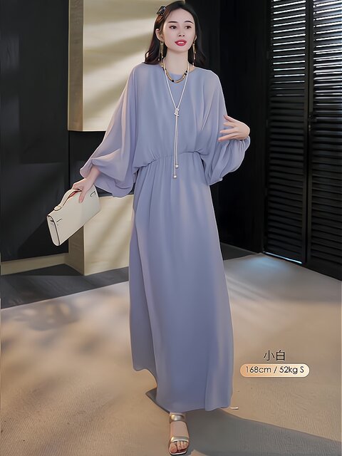 Mijie 2025 New Aqua Blue Elegant and Slimming Dress for Women, Suitable for Daily Wear and Commuting, Loose-Fitting Greek Vintage Long Dress