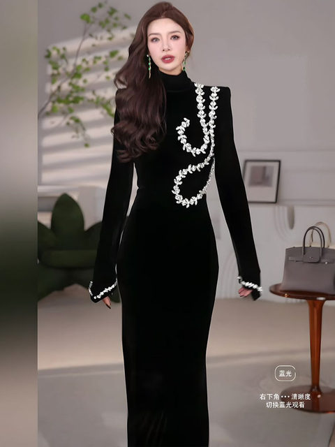 Mijie's New Autumn and Winter Fashion Ladylike Black Diamond Chain Bodycon Dress for Women, Long-Sleeved High-Neck Waist-Cinching Fishtail Long Dress