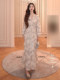 Mijie 2025 Winter French Elegant V-Neck Sequin Dress for Women, White Slimming High-End Waist-Cinching Long Dress