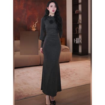 Mijie's New Autumn and Winter Minimalist Style Dark Gray Long-Sleeve Dress for Women, Elegant and Slimming, Waist-Cinching, Fitted Mermaid Long Dress