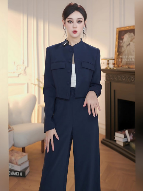 Mijie 2025 Autumn New Fashionable Age-Reducing Navy Blue Suit, Stylish and Slimming Top and Long Pants Two-Piece Set