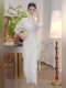 Mijie 2026 Spring Mature and Elegant Style High-Neck Long-Sleeve Dress for Women, White Waist-Cinching Tie Slimming Long Dress
