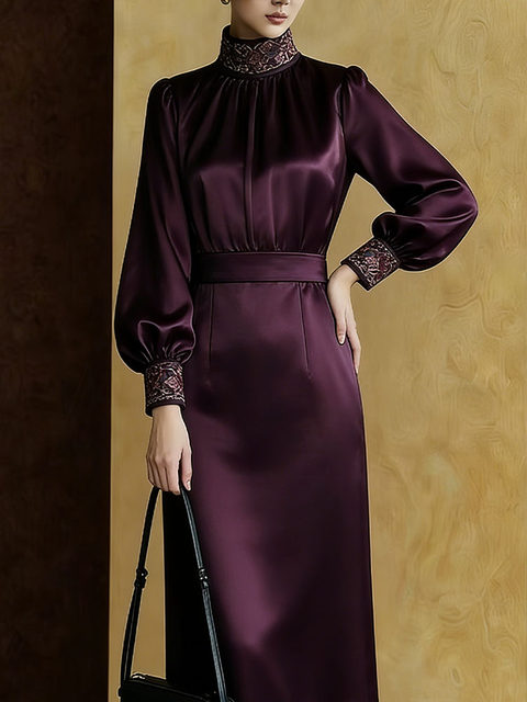 Mijie French light luxury satin dress women's autumn and winter long-sleeved stand-up collar high-end slim slim mid-length skirt elegant