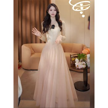 Mijie 2025 Autumn New Orange Pink Lace Gauze Skirt Waist-Cinching Suit Dress for Women, Elegant and Slimming Dress
