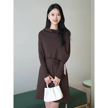 Mijie 2025 Autumn New Fashionable Coffee-Colored Fake Two-Piece Pleated Dress for Women, Elegant and Slimming Mid-Length Dress