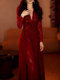 Mijie 2025 Winter Retro Red Lace Dress for Women, V-Neck, Waist-Cinching, Slimming, Mid-Length, High-End Elegant Dress