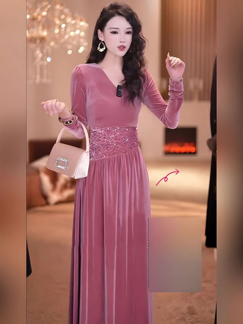 Mijinge Mature Style V-Neck Velvet Dress for Women, Waist-Cinching, Slimming, Stylish A-Line Dress, Fitted Long Dress, Elegant Women's Clothing