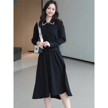 Mijie 2026 Spring French-Style Black Dress with Lapel Collar, Waist-Cinching, Slimming Mid-Length Dress with an Elegant and Mature Look