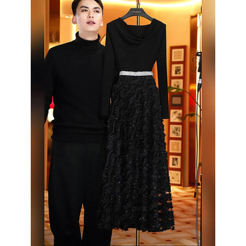 Mijie 2026 Spring Black Sequin Dress for Women, High-End Waist-Cinching Slimming Long Dress with a Luxurious and Elegant Style