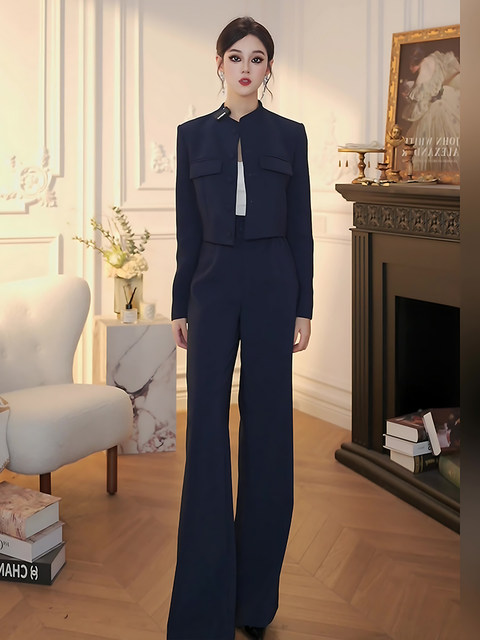 Mijie 2025 Autumn New Fashionable Age-Reducing Navy Blue Suit, Stylish and Slimming Top and Long Pants Two-Piece Set