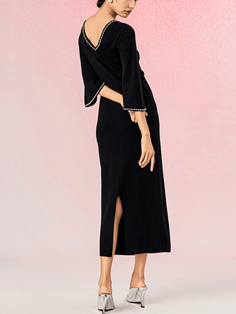 Mijie French-Style Black V-Neck Dress, Elegant and Graceful, with Shawl, Mid-Sleeve Little Black Dress, Slim-Fit Formal Long Dress, Two-Way Wear