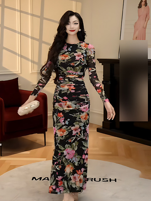 Mijie 2025 Summer New Women's Black Printed Long-Sleeved Dress, Elegant and Flattering, Waist-Cinching and Slimming Dress