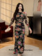 Mijie 2025 Summer New Women's Black Printed Long-Sleeved Dress, Elegant and Flattering, Waist-Cinching and Slimming Dress