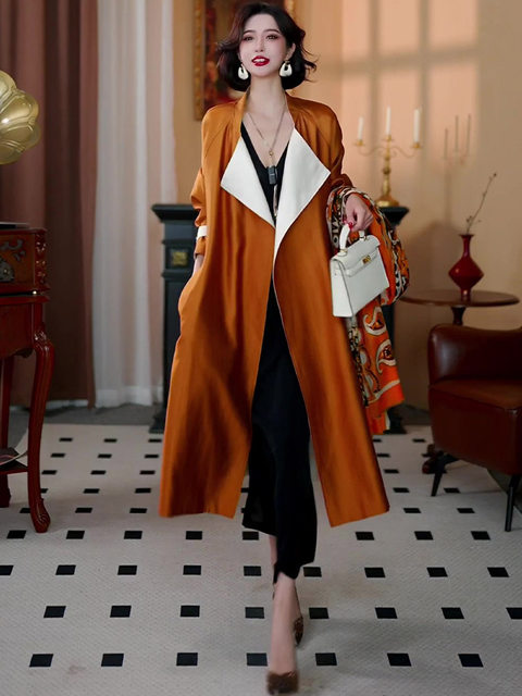 Mijie 2025 Autumn New Fashionable Age-Reducing Platinum Reversible Trench Coat for Women, Elegant and Versatile, Slimming Mid-Length Coat