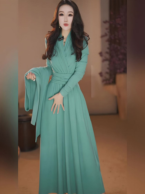 Mijie 2025 spring new fashion mint blue V-neck waist dress feminine high-end slimming long skirt