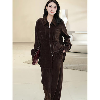 Mijie 2025 New Stylish and Age-Reducing Coffee-Colored Fashion Suit for Women, Elegant and Good-Looking, Long-Sleeved, Loose-Fitting, Slimming Two-Piece Set