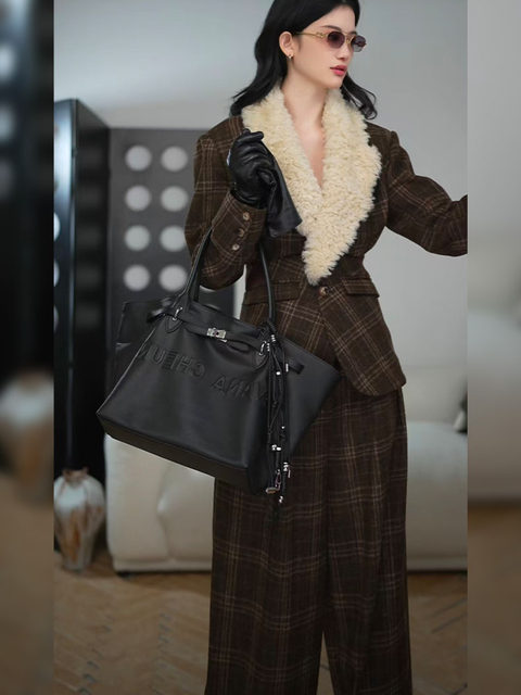 Mijie New Old Money Style Patterned Wool Collar Suit Women's Autumn and Winter Waist Deconstructed Woolen Jacket Wide Leg Pants