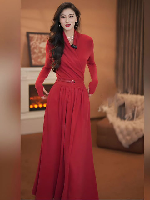 Mijie ladylike style V-neck red dress women's long-sleeved waist slimming slim high-end new long dress with a sense of atmosphere