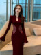 Mijie 2025 Winter New Chinese Style Burgundy Embroidered Dress Women's Long Sleeve High-End Waist-Cinching Bodycon Long Dress