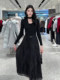 Mijie 2025 Winter New Elegant Black Dress for Women, Long-Sleeved, Waist-Cinching, Pleated Long Dress, Slimming and Stylish