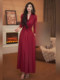 Mijie 2025 new autumn French fashion retro red V-neck long-sleeved dress women's waist slimming long skirt